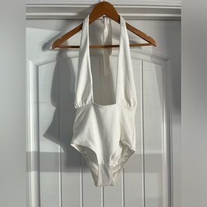 NWOT F21 White Backless Textured One Piece Halter Swim